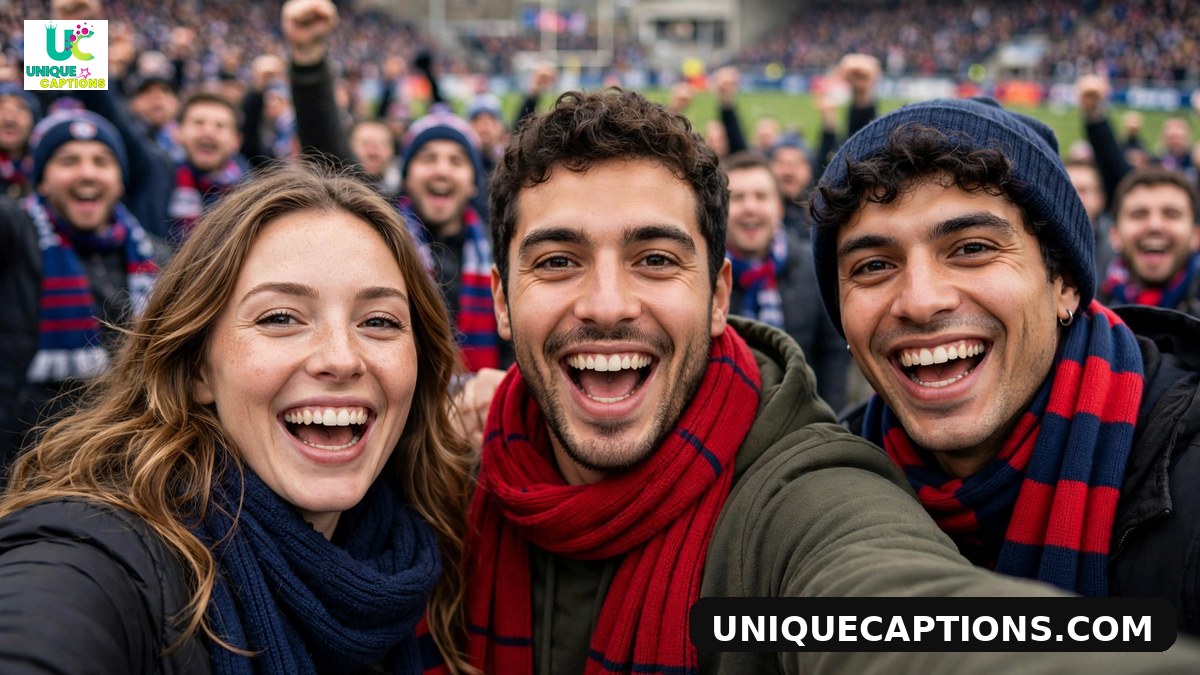 FIFA Club World Cup captions - excited fans in club scarves at the stadium