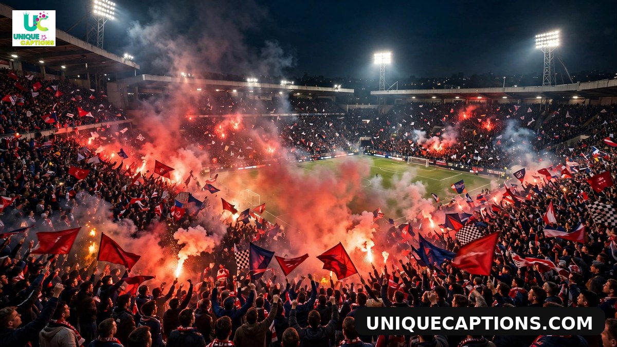 FIFA Club World Cup captions - football fans cheering in a packed stadium at night