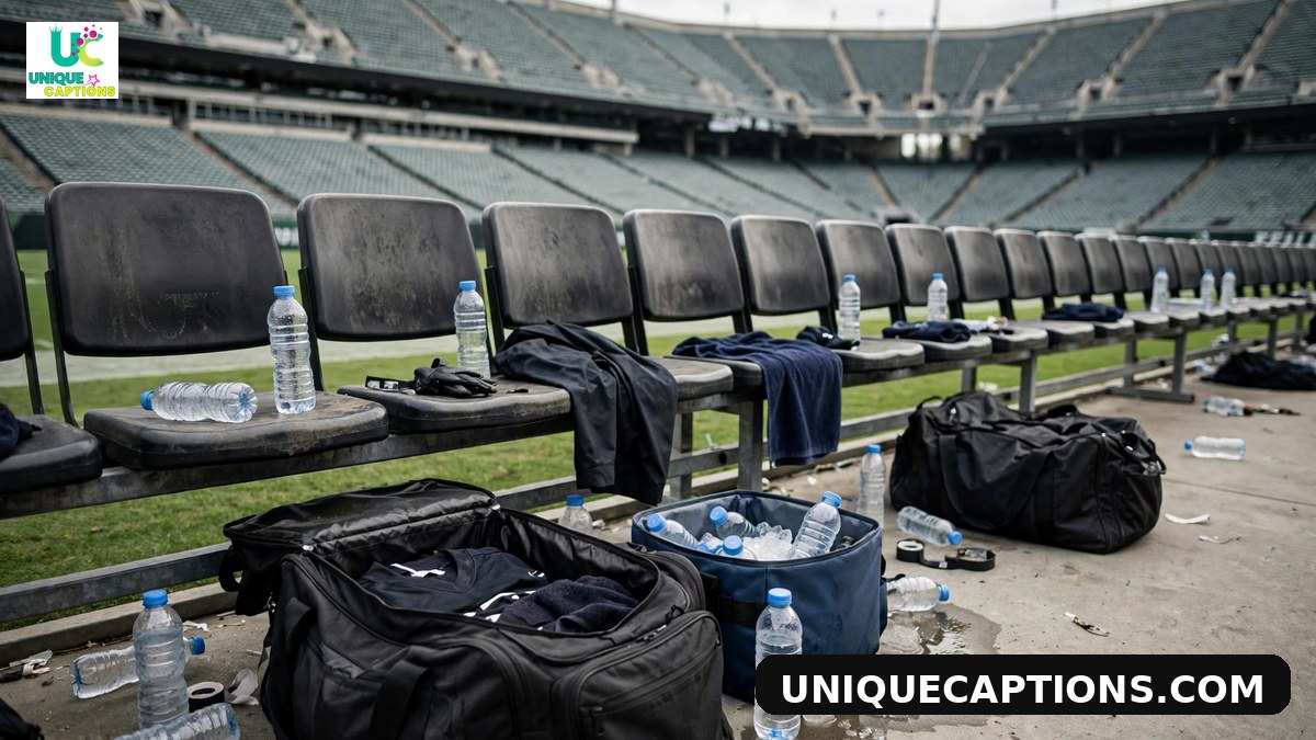 FIFA Club World Cup captions - quiet stadium bench area at halftime
