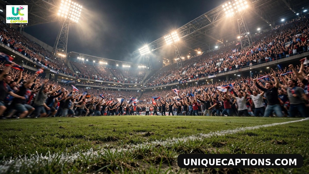 FIFA Club World Cup captions - epic stadium interior from pitch level with roaring crowd