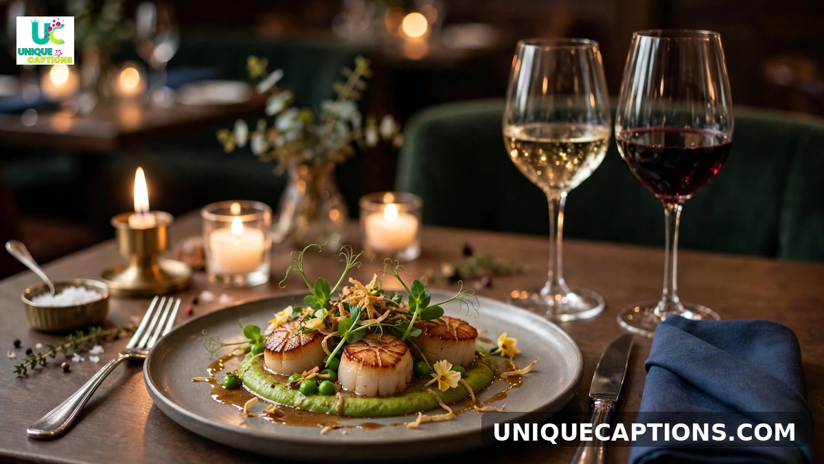 Fine dining captions - gourmet plated dish with wine glasses in candlelit restaurant