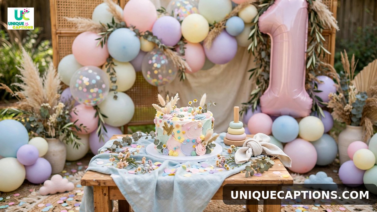 11 month birthday celebration caption photo of a pastel cake smash party setup