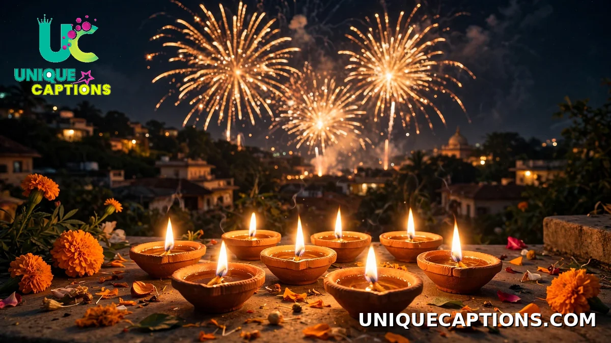 First day of Diwali Dhanteras captions with diyas and fireworks at night