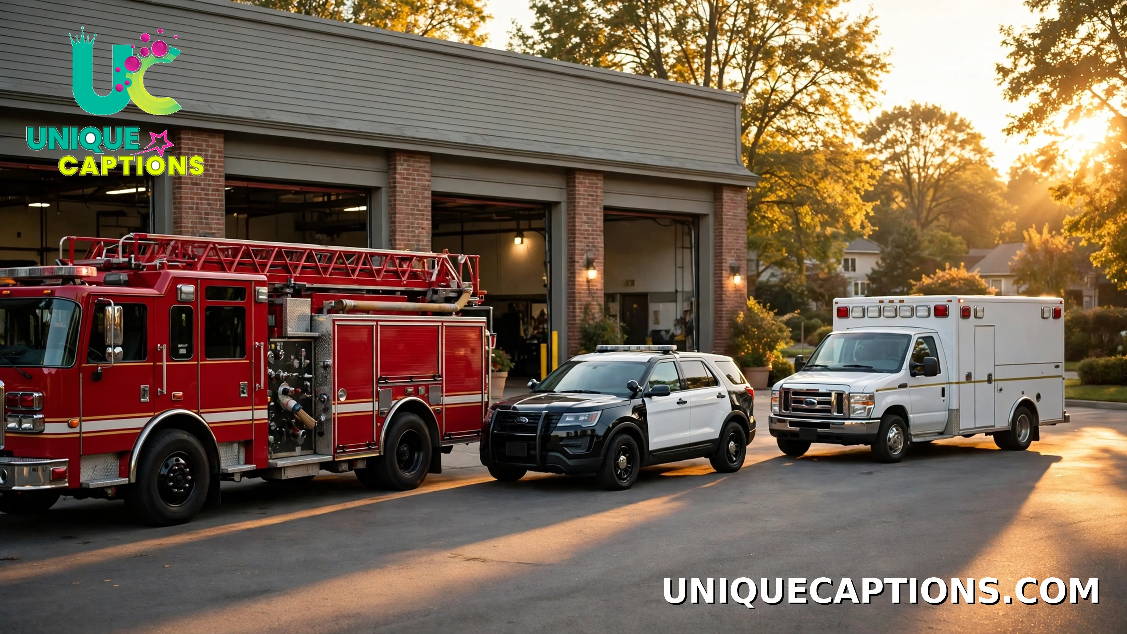 Fire truck, police car and ambulance lined up outside a station at golden hour — First Responders Day Quotes