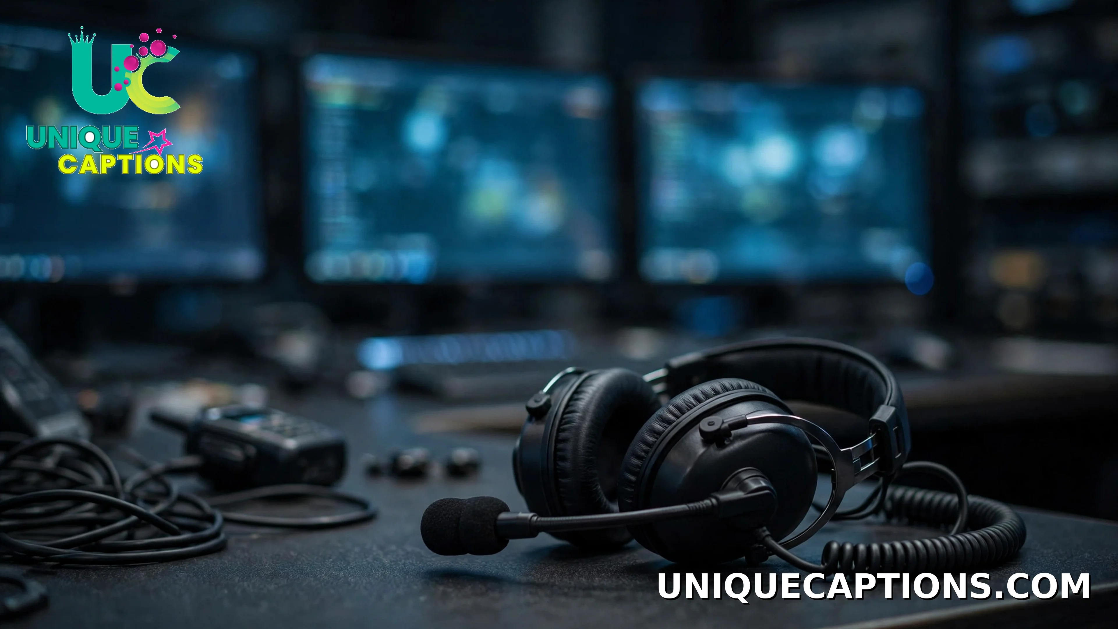 Dispatch headset resting on a console in front of softly glowing monitors