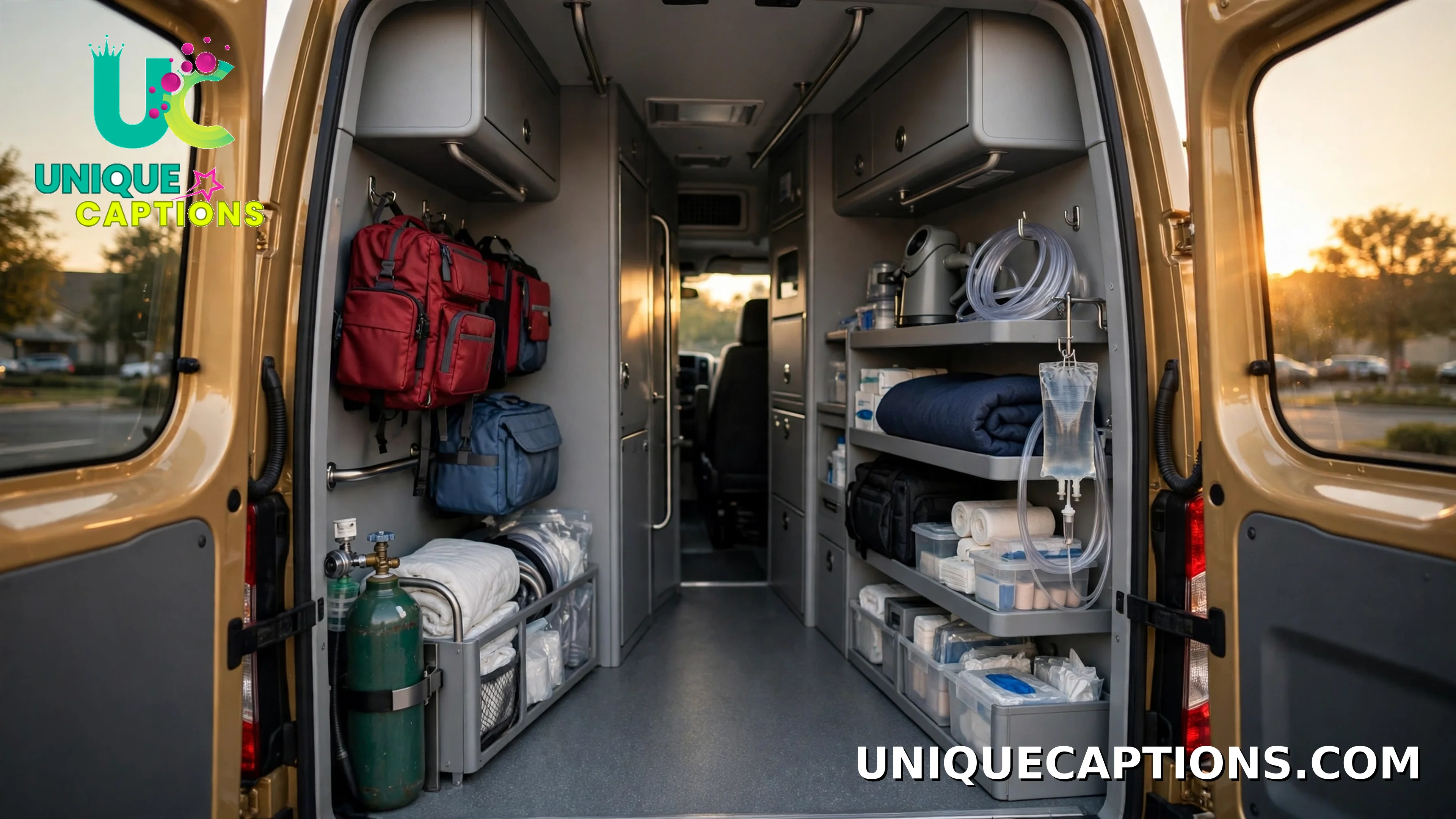 Open ambulance doors revealing neatly arranged medical gear in evening light