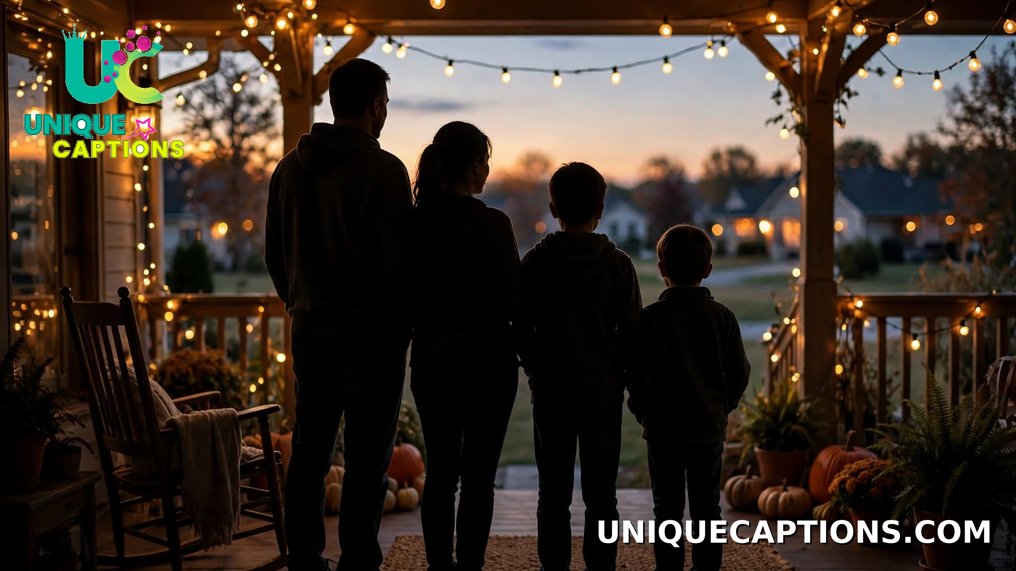Family silhouettes seen from behind on a warm porch strung with lights