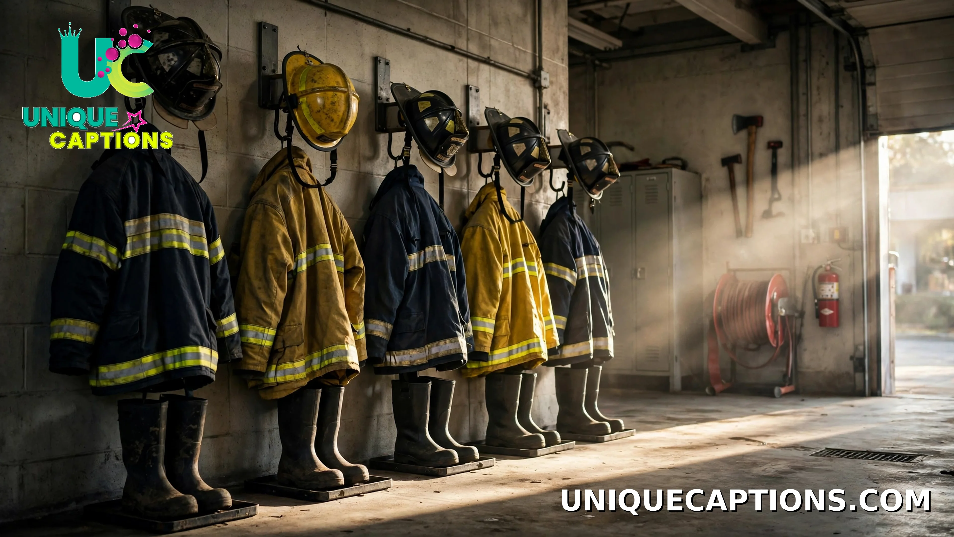 Firefighter turnout gear hanging in a station bay in dramatic light