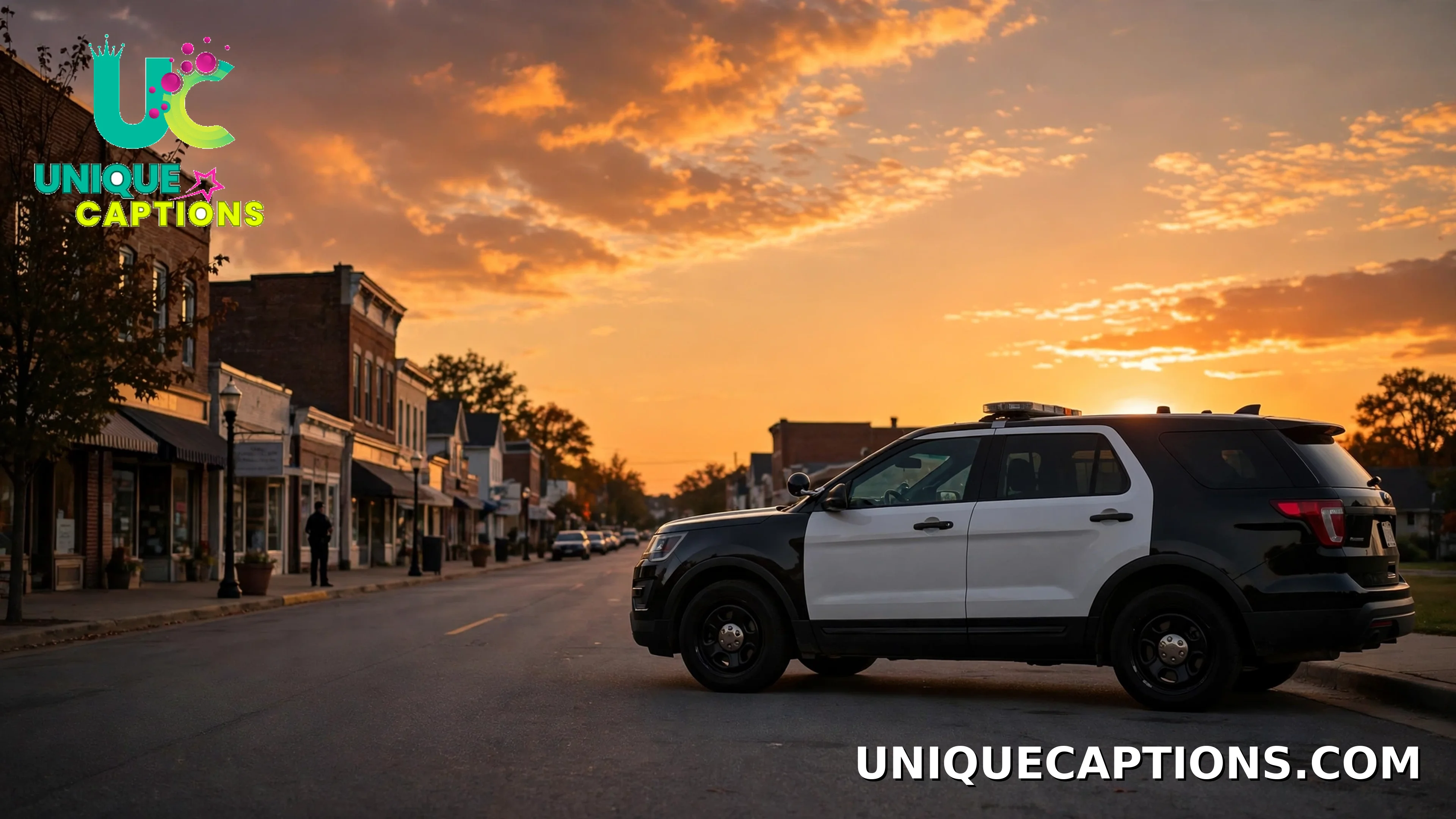 Patrol car at sunset with an officer standing as a distant silhouette