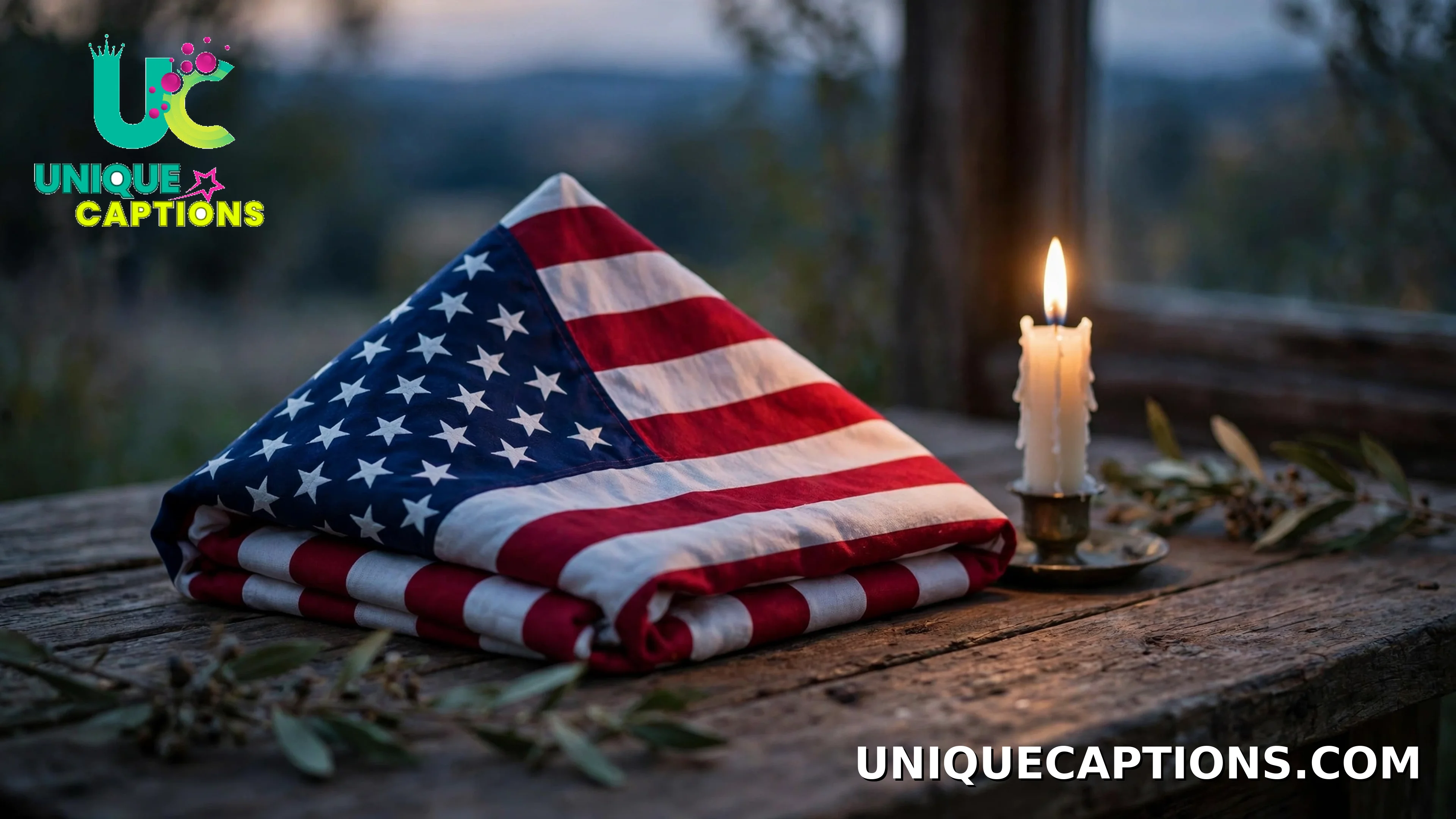 A lit candle beside a folded American flag on a quiet table at dusk