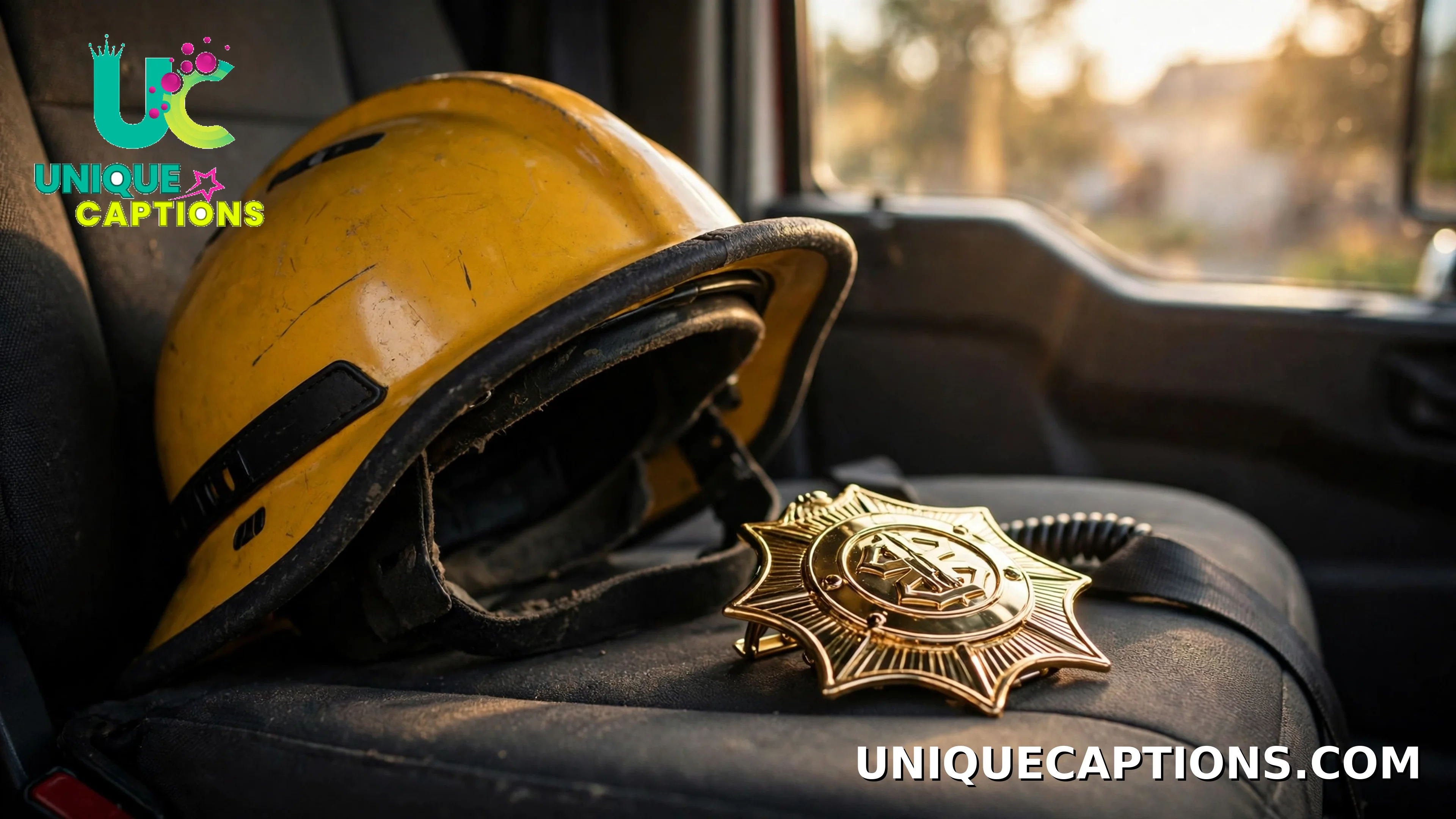 Firefighter helmet and badge resting on the seat of a fire truck