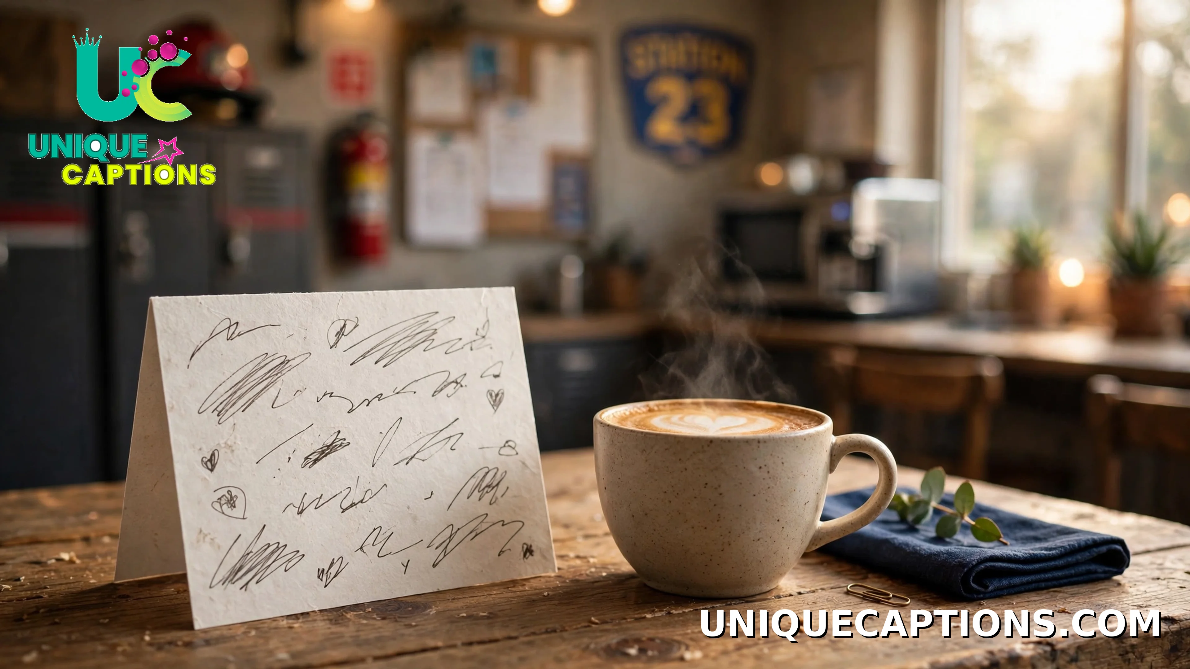 Handwritten thank-you card beside a cup of coffee on a fire station table