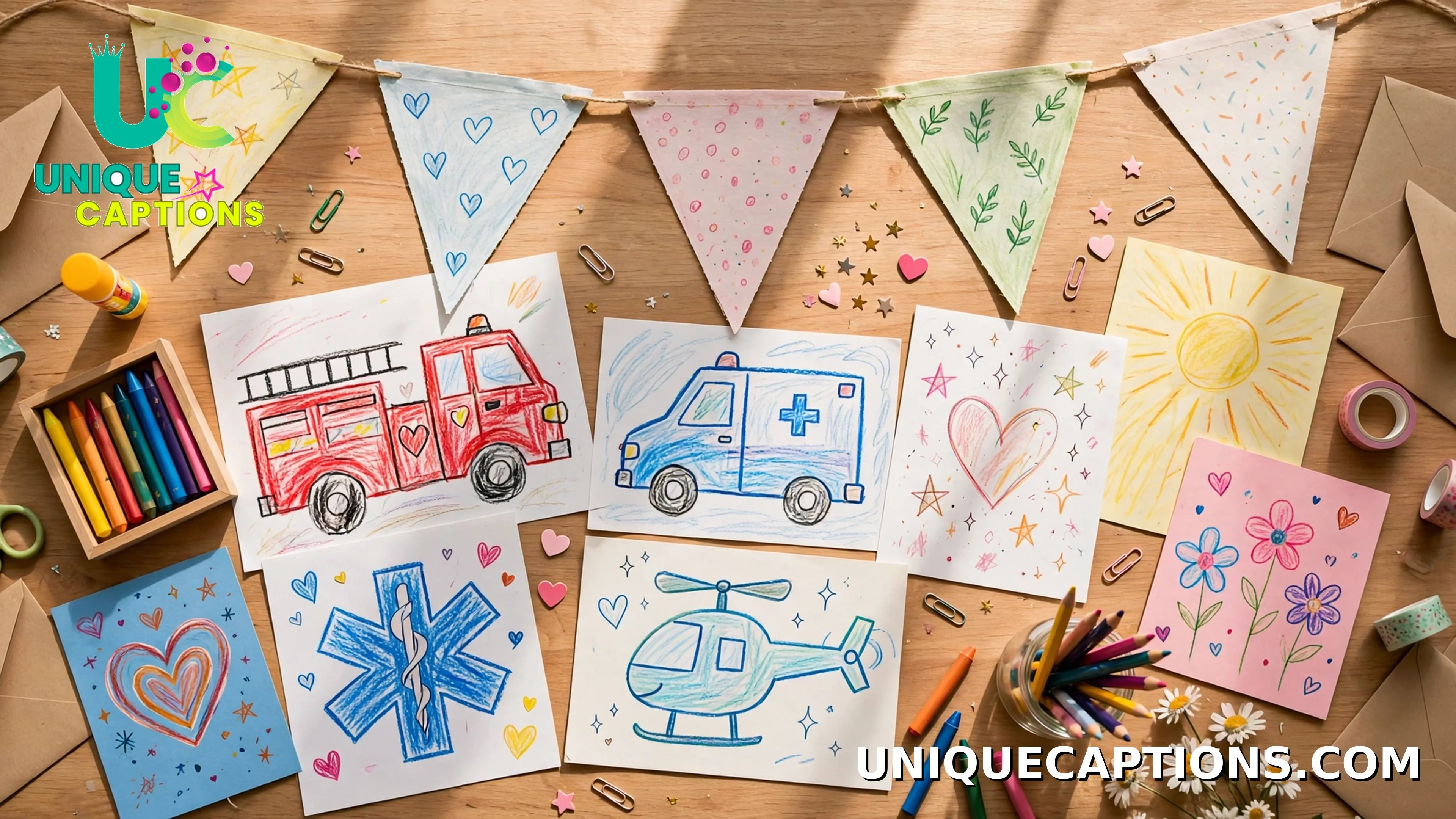 Table with a thank-you banner and student drawings for first responders, flat lay