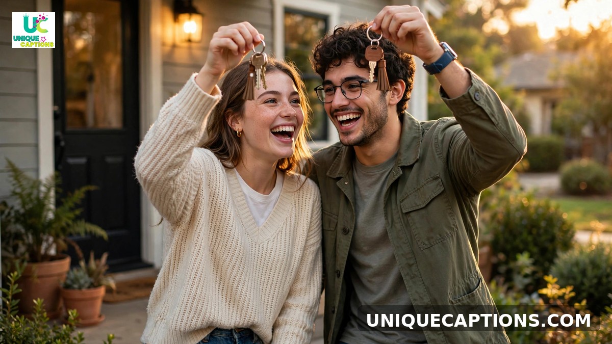 First-time home buyer captions - excited young couple holding up house keys outside a starter home