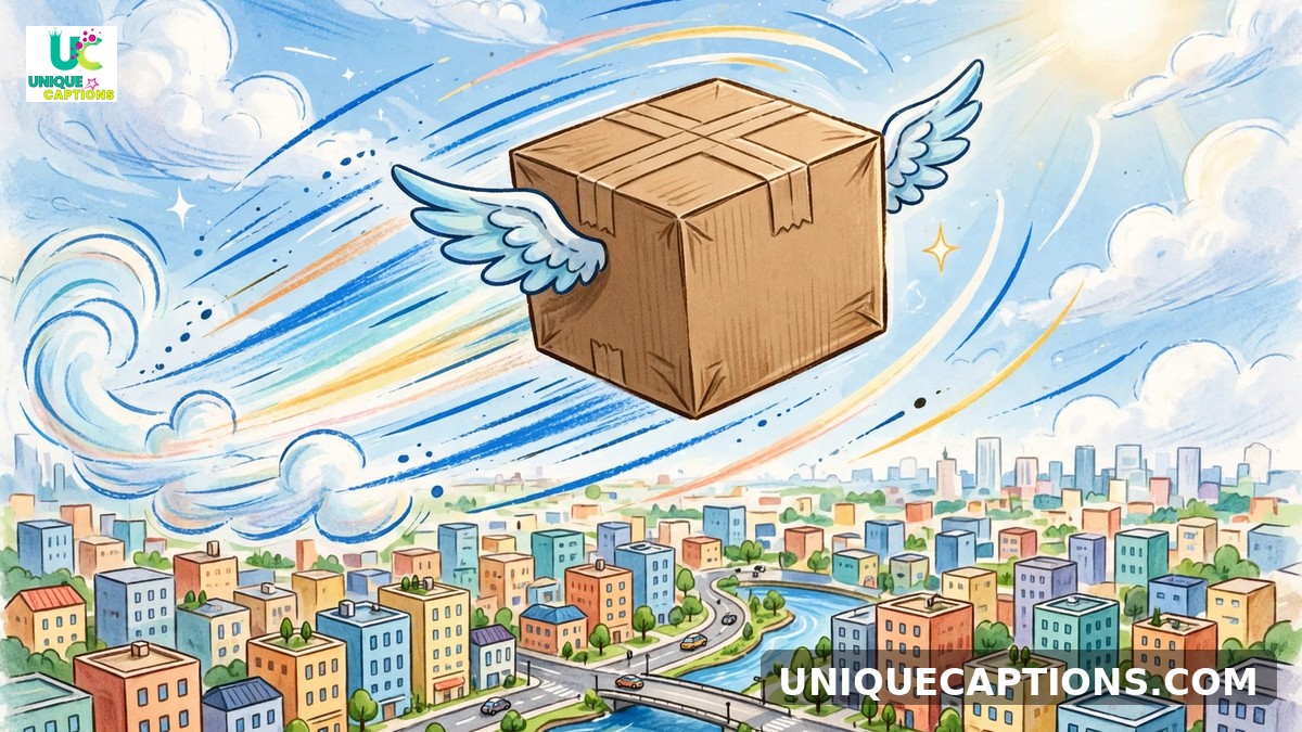 Free shipping captions - winged parcel box soaring through a bright sky