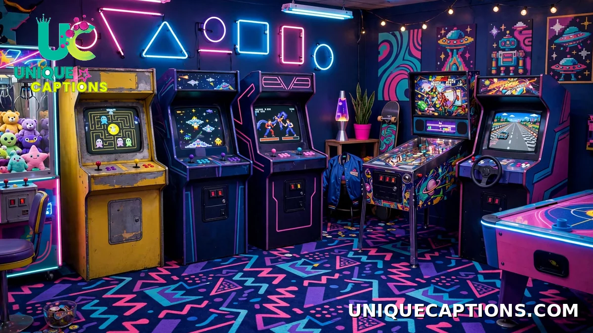 retro 90s arcade room with neon lights