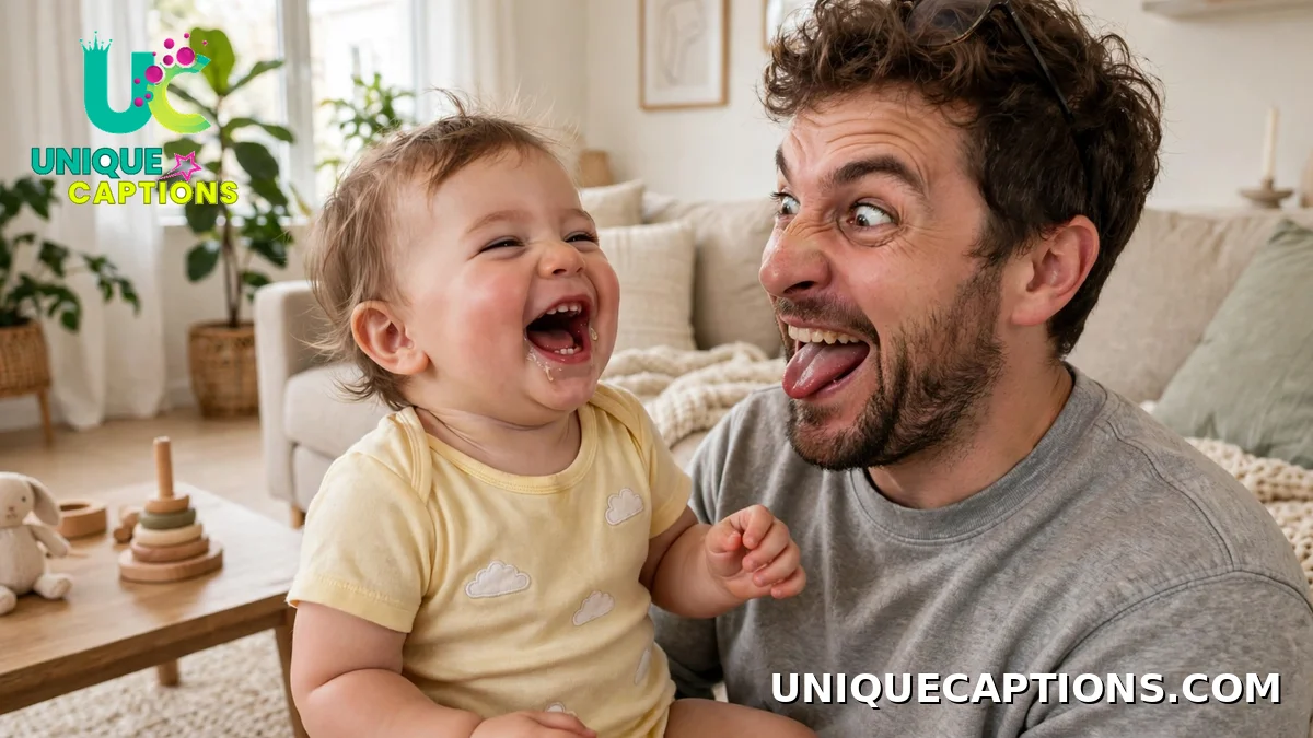Baby laughing with dad making a silly face