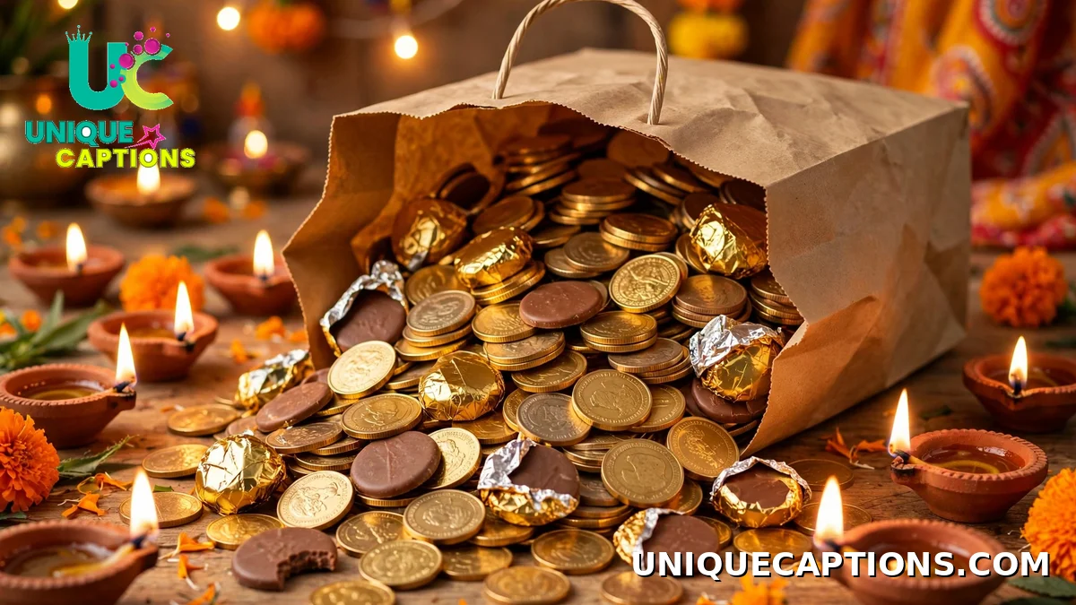 Funny Dhanteras captions with a shopping bag of gold coins and diyas