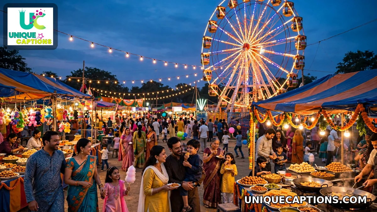 Colorful Dussehra mela fairground with a lit Ferris wheel at blue hour