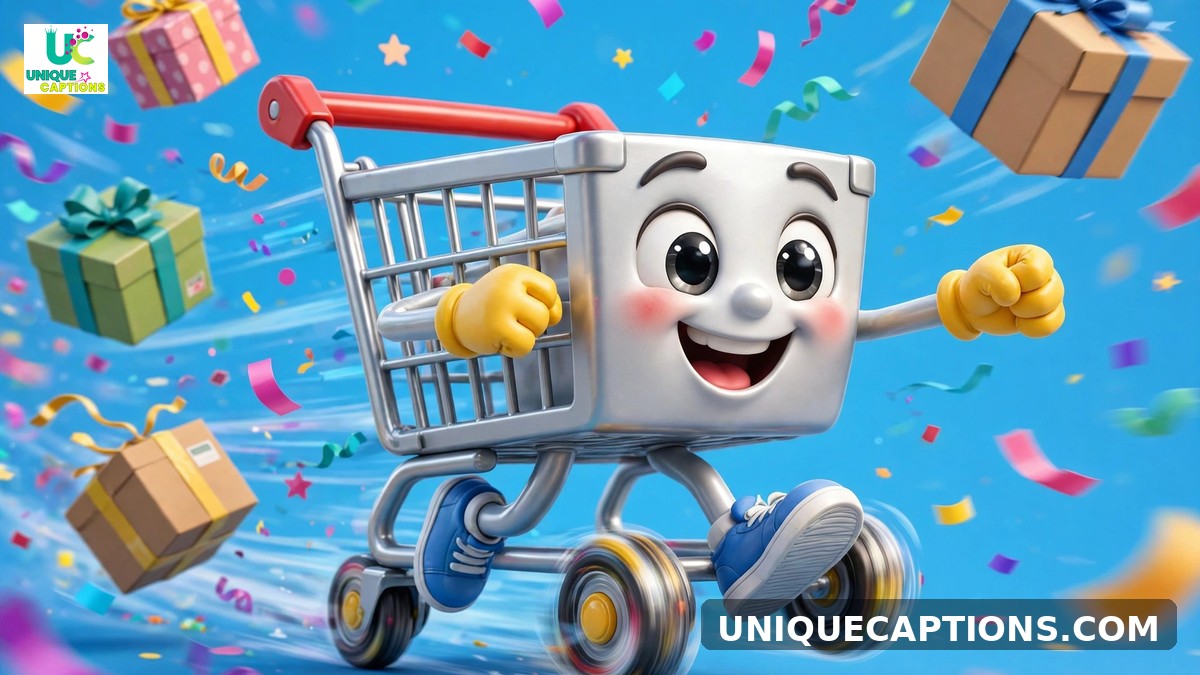 Instagram captions for ecommerce - cheerful cartoon shopping cart racing with confetti and parcels