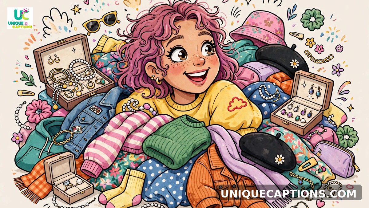Funny fashion captions - playful illustration of woman surrounded by clothes and jewelry