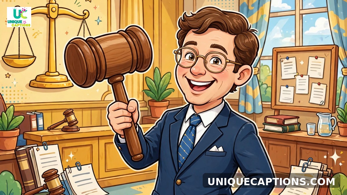 Funny lawyer captions - cheerful cartoon lawyer holding an oversized gavel in a courtroom