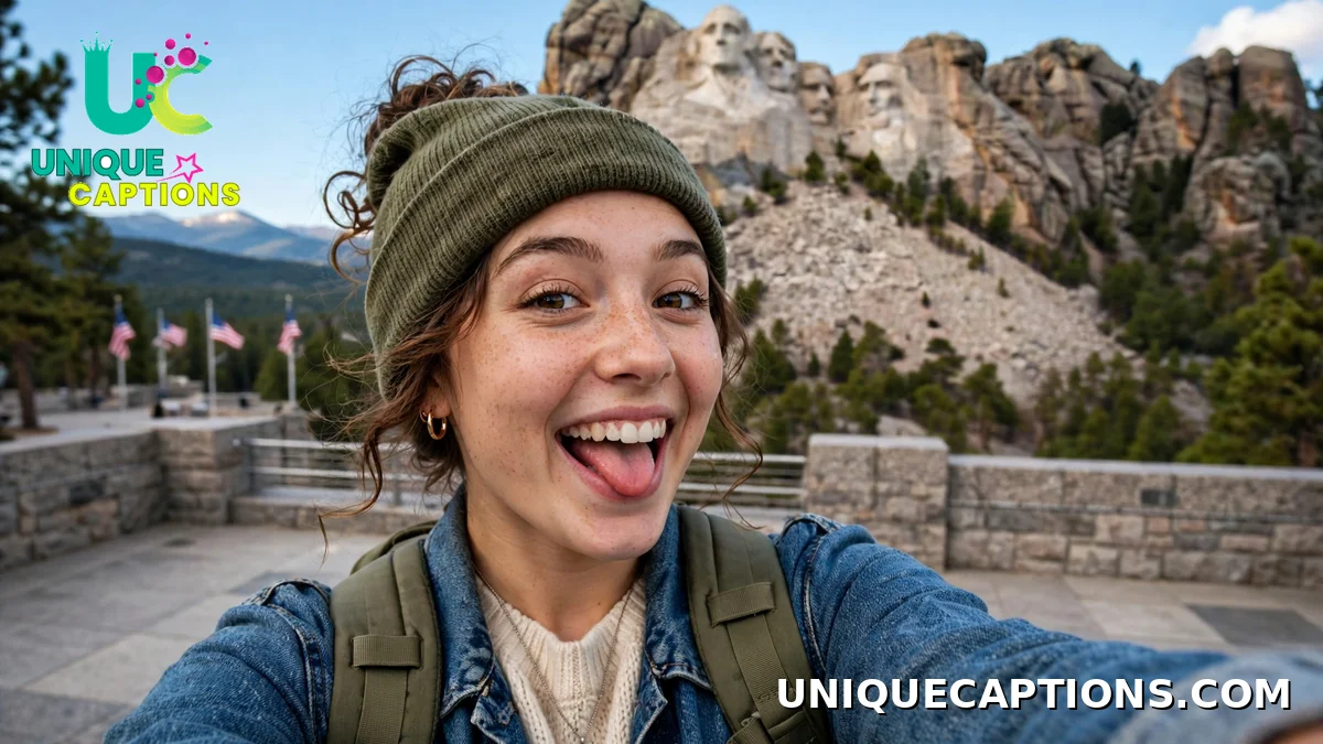 tourist taking a funny selfie at Mount Rushmore