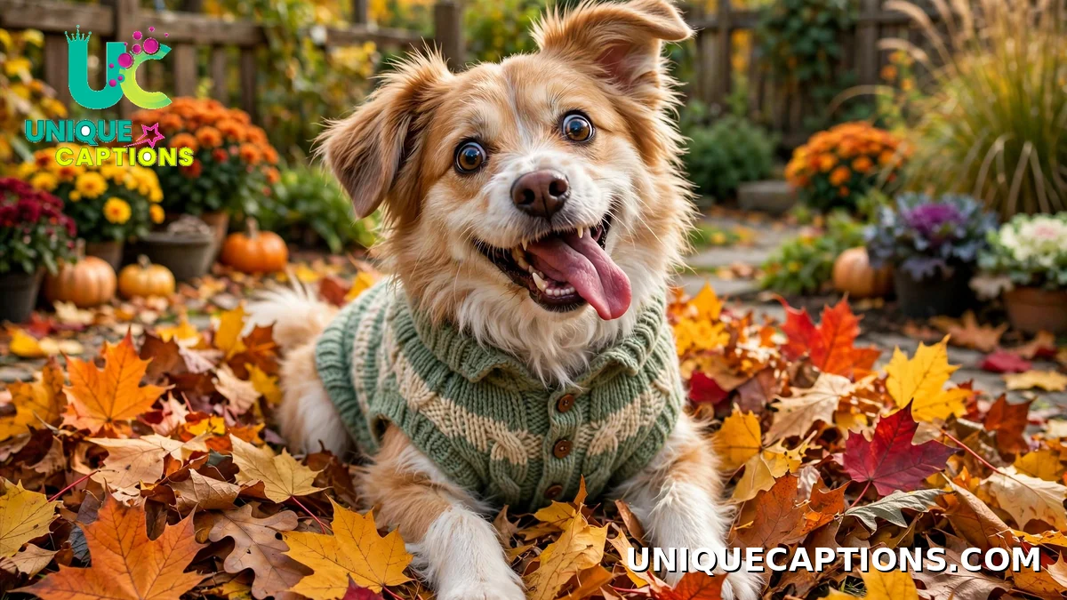 Funny November captions with a dog in a knitted sweater