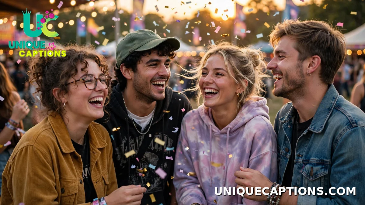 Funny Post Malone captions - friends laughing at a music festival with confetti