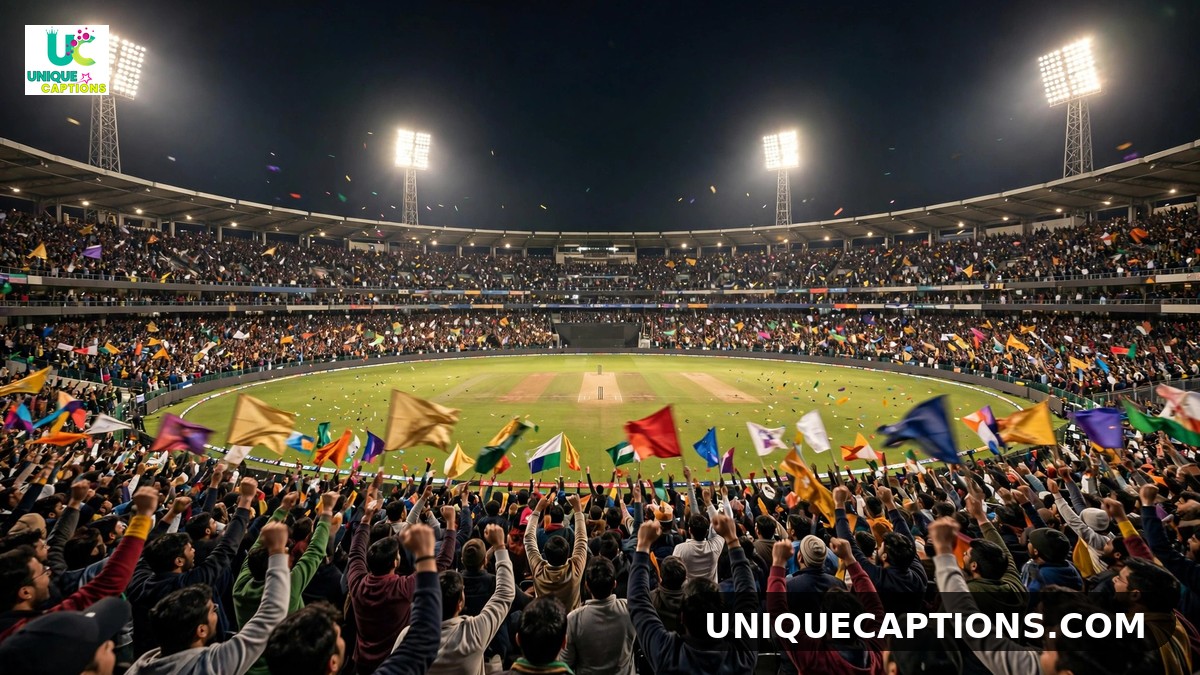 Cheering night crowd in a floodlit stadium for funny RCB captions