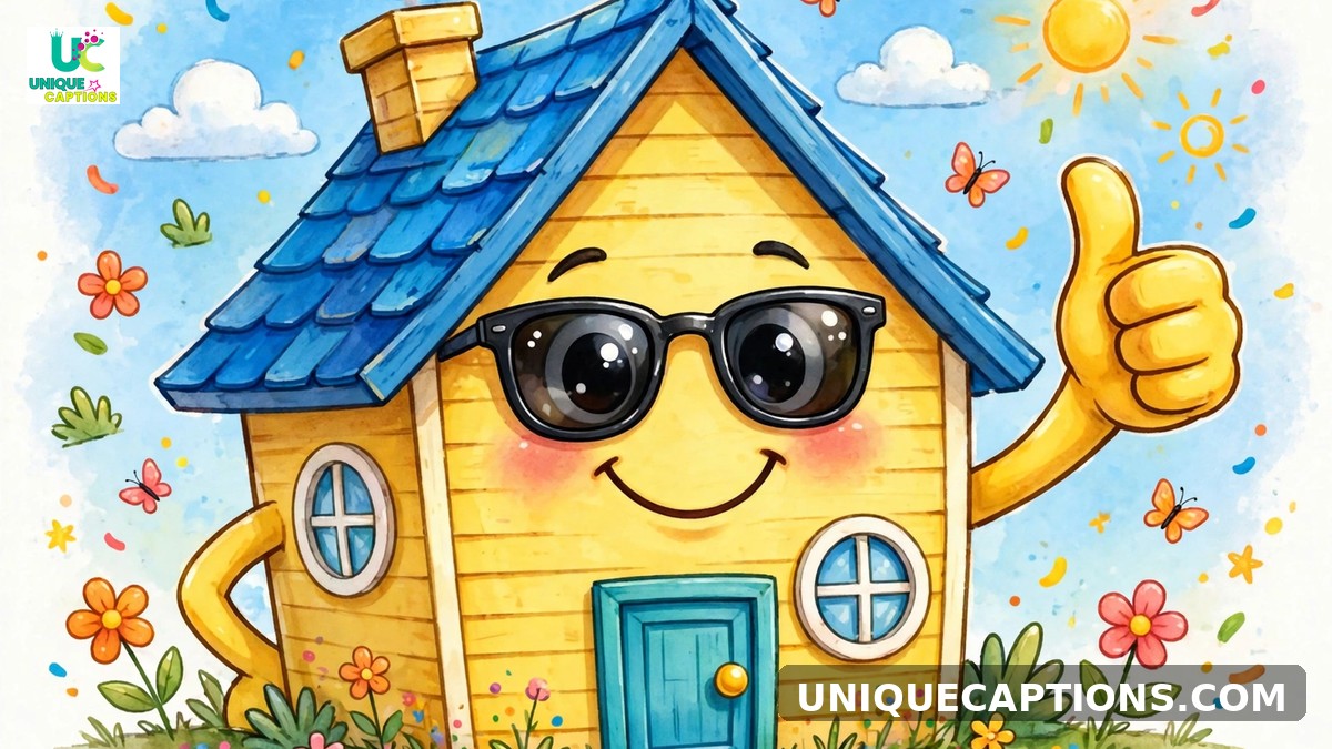 Funny realtor captions - cheerful cartoon house character with sunglasses giving a thumbs up