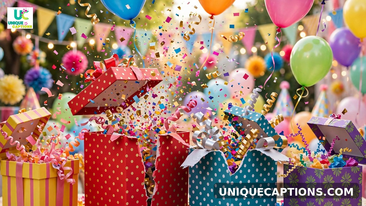 Giveaway captions - colorful gift boxes bursting open with confetti and balloons