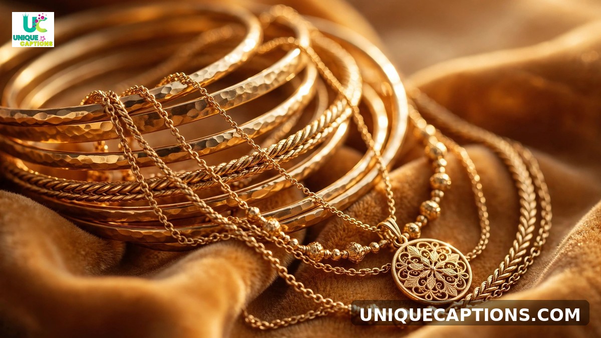 Gold jewelry captions - layered gold necklaces and bangles on warm fabric in glowing light