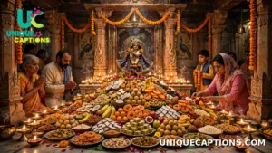 Devotees offering a grand Annakut mountain of food at a Krishna temple altar, the classic scene behind heartfelt Govardhan Puja captions
