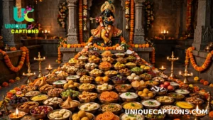 A lavish Annakut spread of fifty-six dishes and sweets offered before a Krishna idol