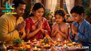 An Indian family performing Govardhan puja together at home with glowing diyas and fresh flowers