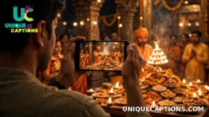 A smartphone filming the Annakut aarti ceremony with diyas and devotees at a temple