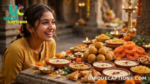A happy devotee smiling at the huge Annakut sweet spread during Govardhan Puja celebrations