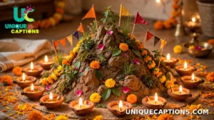 A small traditional Govardhan hill model decorated with flowers and earthen diyas for home worship