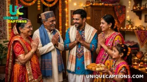 A Gujarati family in traditional dress exchanging Bestu Varas New Year greetings with sweets