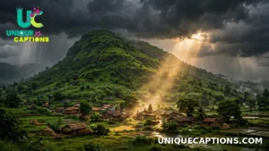 A dramatic hill under monsoon clouds with a village below and sunlight breaking through, recalling Krishna's shelter