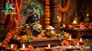A young Krishna idol with a peacock feather, butter pot and flute on a festive decorated altar