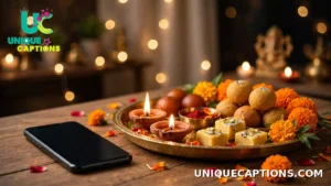 A smartphone resting beside a decorated puja thali with diyas and sweets