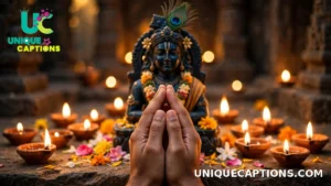 Folded hands in prayer before a Krishna idol surrounded by glowing diyas