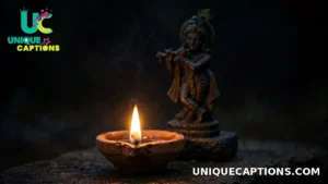A single glowing diya placed before a small Krishna idol against a dark minimal background