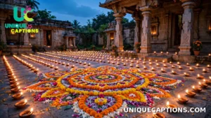 A temple courtyard at dusk filled with glowing diyas and a flower rangoli on Govardhan Puja evening
