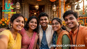 Young devotees taking a cheerful selfie at a decorated temple entrance during Govardhan Puja
