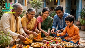 Three generations of a family preparing Govardhan puja offerings together in a sunny courtyard