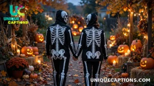 Best Halloween Captions for Couples with a couple in matching skeleton costumes at dusk