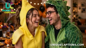 Couple laughing together in mismatched funny Halloween costumes